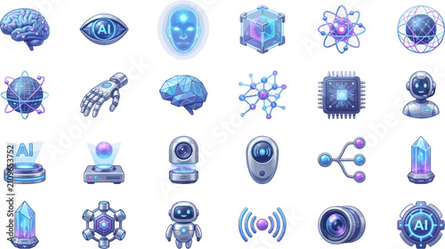 Futuristic Artificial Intelligence Technology Icons Set Featuring Neural Networks, Robotic Elements, and Holographic UI Vector Illustrations