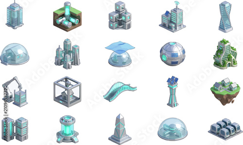 Isometric Futuristic City Architecture Icons Pack: Sci-Fi Buildings & Smart Urban Assets