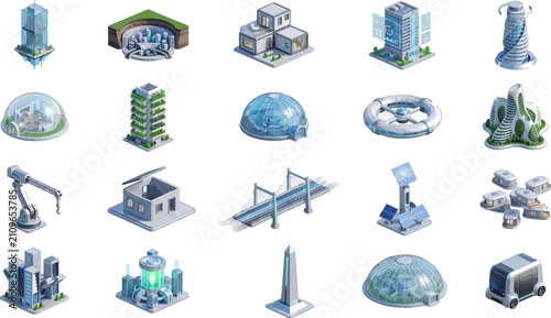 Futuristic City Architecture Icons Set Sci-Fi Buildings, Smart Domes & Urban Assets