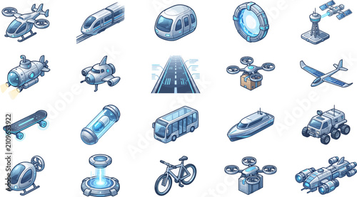 Futuristic Transportation Icons Set: Sci-Fi Vehicles, Flying Cars & Transit Assets