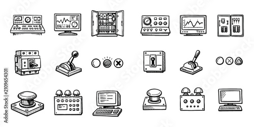 Obraz na płótnie Industrial control and monitoring design icons with control panel, joystick and