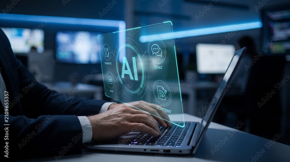 Fototapeta premium Hands typing on laptop with AI interface. Professional using advanced artificial intelligence.