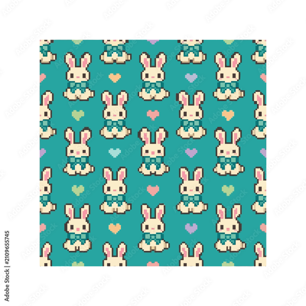 Obraz premium Pixel art seamless pattern of cute rabbits with bow ties and hearts on teal background.