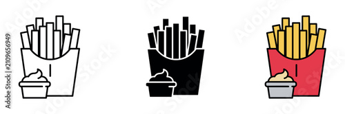 Tableau sur toile French fries in red cartons with dipping sauce line, solid, and color styles on