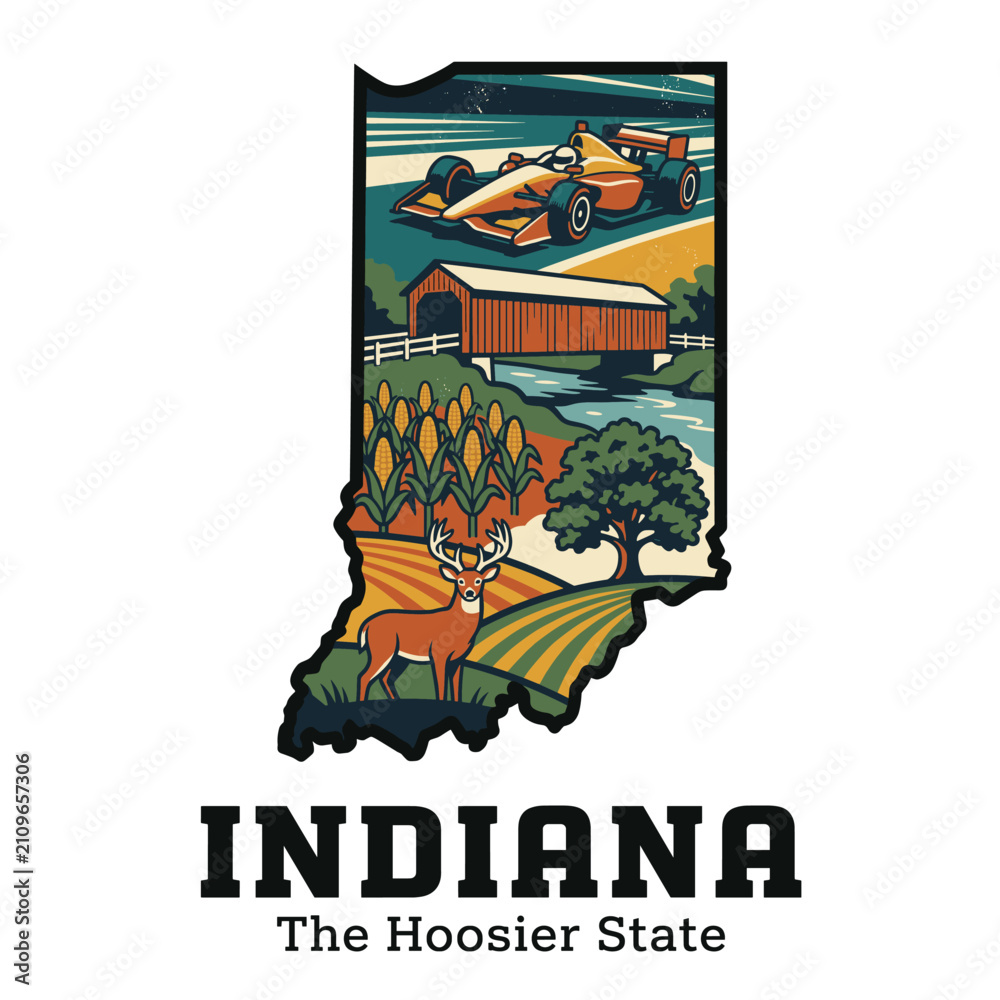 Fototapeta premium Indiana state map incorporating iconic symbols design