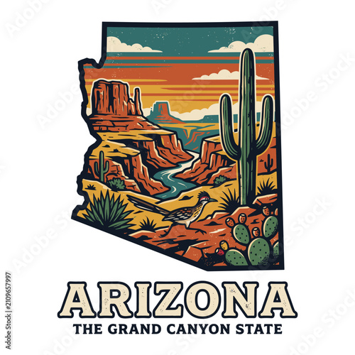 Arizona state map featuring Grand Canyon desert landscape