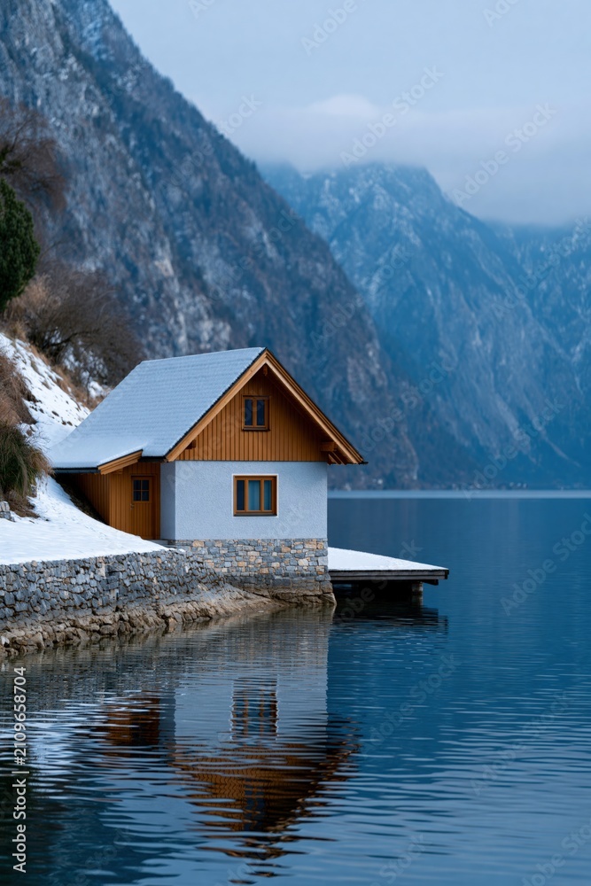 Fototapeta premium Boathouse on a calm lake with mountain reflection and snowy shore for minimalist wallpaper and banner background