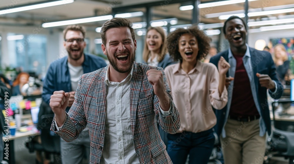 Obraz premium Business Colleagues Celebrate Success and Dance Together in a Modern Office After Completing a Major Project