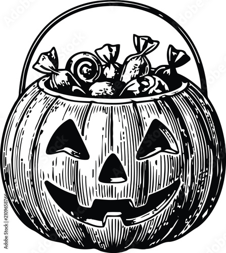 A vintage engraving of a Halloween pumpkin bucket overflowing with candies during a festive night