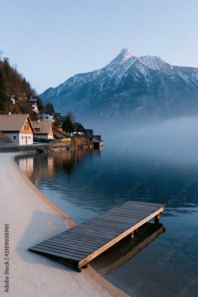 Fototapeta premium Small dock and lakeside cottages with snowcapped mountain backdrop at sunrise for vertical wallpaper and tranquil travel design
