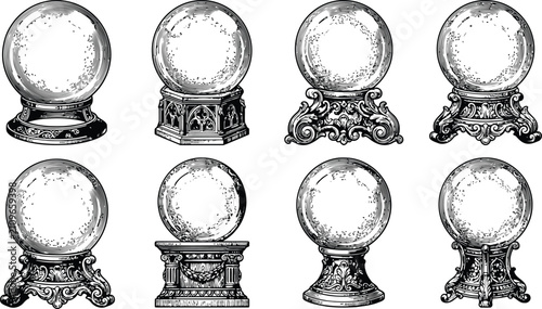 Fotografie Collection of vintage crystal balls on ornate stands in an engraving style for H