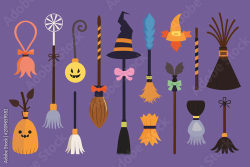 Set of halloween witch brooms and magic wands with festive decorations