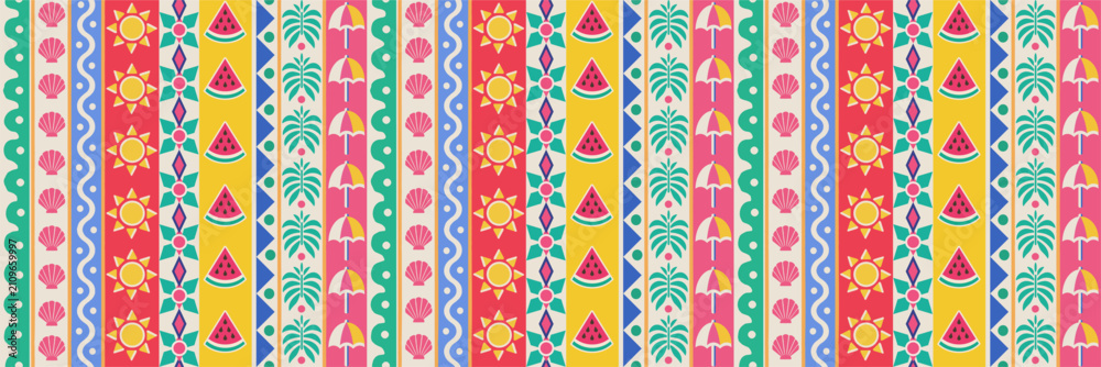 Obraz premium Summer seamless pattern. Vector illustration of a fun abstract striped background with stripes, sun, shell, watermelon, palm leaves, and beach umbrella for fabric, wallpaper, wrapping, packaging and t