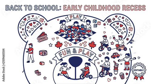 Back to school early childhood recess vector illustration, kids fun and play activities in bear head frame, preschool education concept