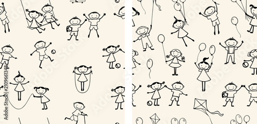 Cheerful playful active outline cartoon children seamless patterns, vector backgrounds, paper, wallpaper