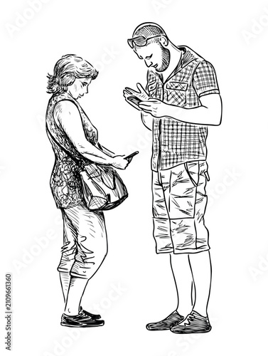 Couple young modern citizens standing outdoors looking at smartphones, realistic sketch, vector hand drawing isolated on white background