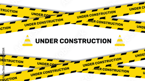 Under construction background with yellow safety caution tapes, traffic cones, and bold text on a light backdrop. Perfect for website maintenance, industrial page banners, and warning graphic designs.