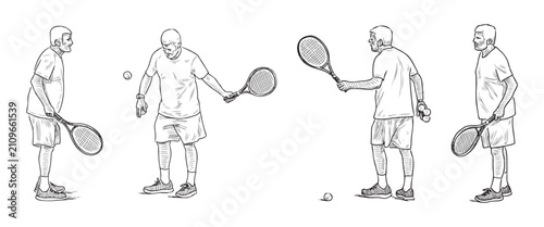 Elderly men playing tennis, active sports seniors, vector outline hand drawing, realistic sketch isolated on white background
