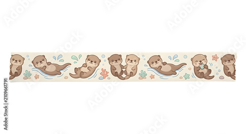 Cute floating sea otters and coral pattern on washi tape strip