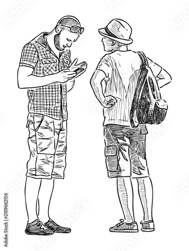 Couple young modern citizens standing outdoors looking at smartphones, realistic sketch, vector hand drawing isolated on white background