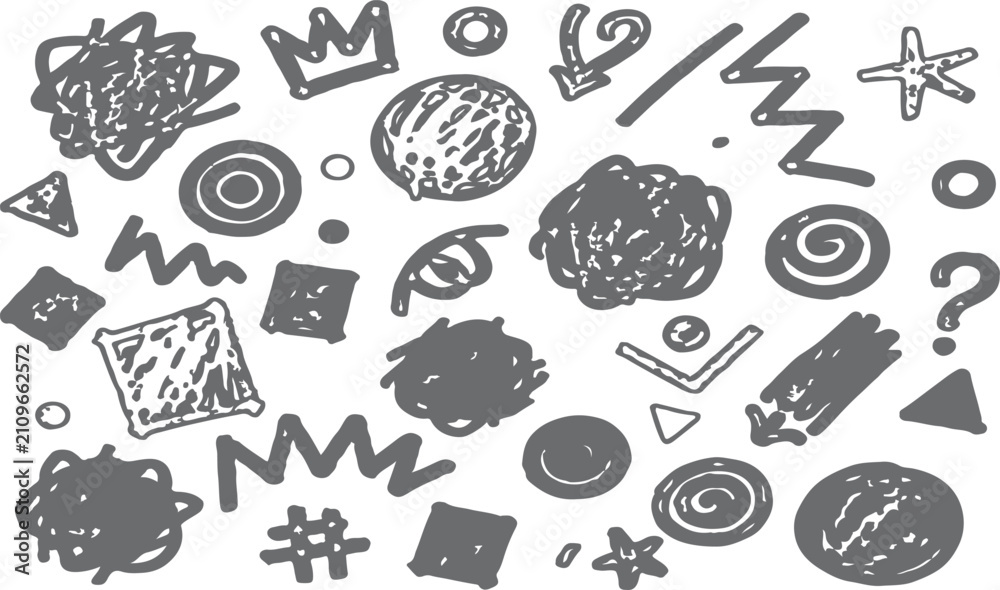 Obraz premium Collection of simple black hand drawn outline shapes arrows and symbols isolated on white background for web design.