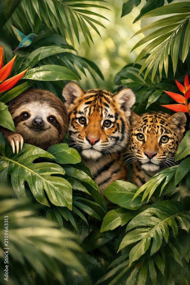 Fototapeta premium Jungle animals amidst lush foliage