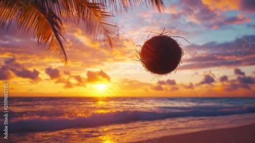 Coconut at sunset over tropical beach.