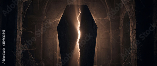 Ancient Cracked Coffin Emitting Divine Light in Gothic Crypt
