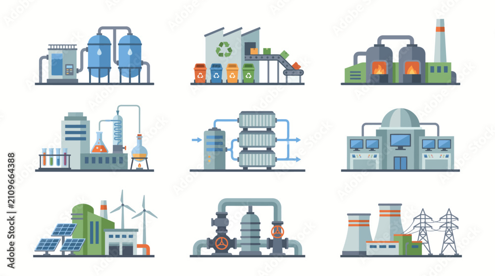 Fototapeta premium Industrial Factory Building Set with Power Plant and Sustainable Energy Facilities