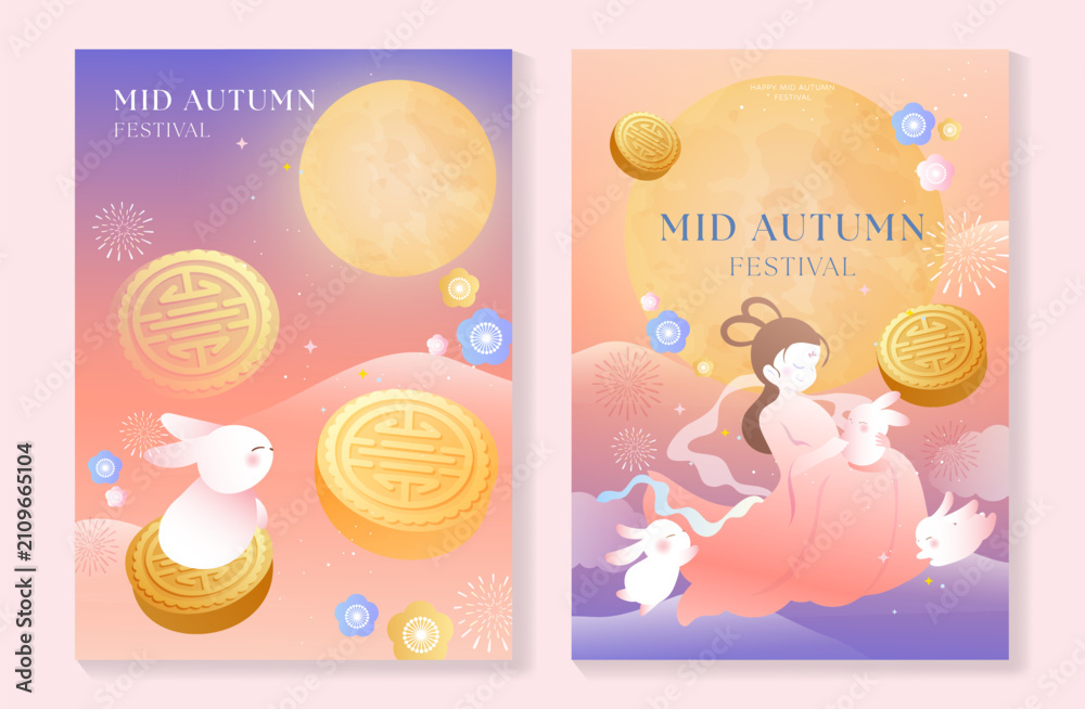Naklejka premium Mid Autumn Festival poster templates vector. Asian moon celebration designs with rabbit, lantern, clouds and floral elements for greeting card, banner, invitation and social media.