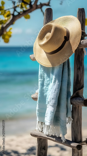 Straw hat and a light blue linen towel hang on a rustic wooden ladder placed on a sandy beach, evoking a relaxed summer vacation vibe near the turquoise ocean with plenty of copy space.