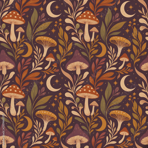Retro mushroom moon garden seamless pattern in earthy colors