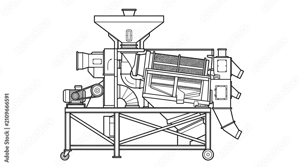 Fototapeta premium Agricultural thresher machine black line drawing on white background