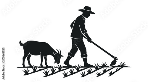Cuadro en lienzo Farmer And Goat Silhouette Against White Background Agricultural Scene