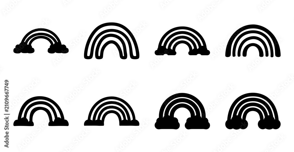 Obraz premium Set of colorful rainbow arches and half-moons - A clean set of stylized black and white rainbow arches and half-moon shapes arranged in two rows for versatile design use.