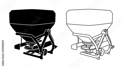 Foto Agricultural fertilizer spreader silhouette and line drawing on white background