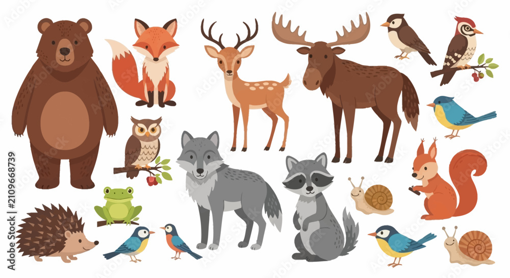 Naklejka premium Cute forest woodland animals collection featuring bear, deer, moose.