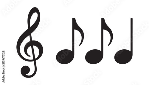Obraz na płótnie Musical treble clef and three music notes isolated on transparent background, sound symbols