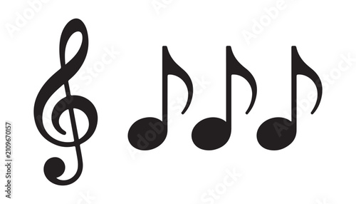 Fotografie Treble clef and three musical notes isolated on transparent background, music symbols