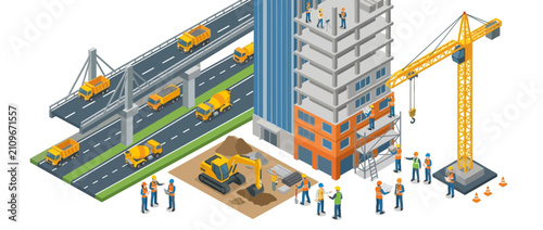 Isometric Construction Site and Infrastructure Development Scene