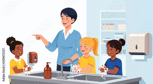 Eye level view illustration design showing a teacher guiding children washing hands at a sink in a clean school bathroom environment.