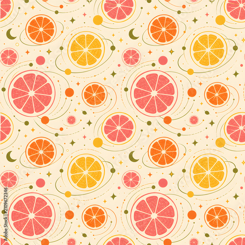 Retro citrus orbit seamless pattern with groovy fruit illustrations