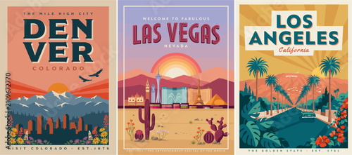 Sunset glows over three iconic U.S. Cities. Denver's mountains rise bold against orange skies. Las Vegas glows bright with desert and skyline. Los Angeles' palm trees frame a vibrant coastal view