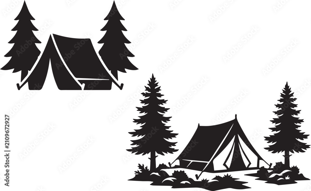 Obraz premium Camping Tent With Pine Trees Vector Silhouette Illustration Set