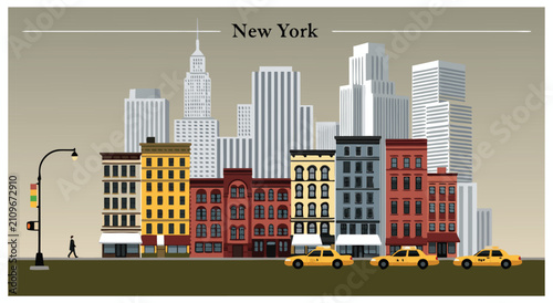 Quadro em tela Side view flat design vector illustration of urban street with yellow cabs and s