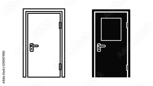 Set of two simple door icons, one solid door and one door with a glass window, vector illustration isolated on white background
