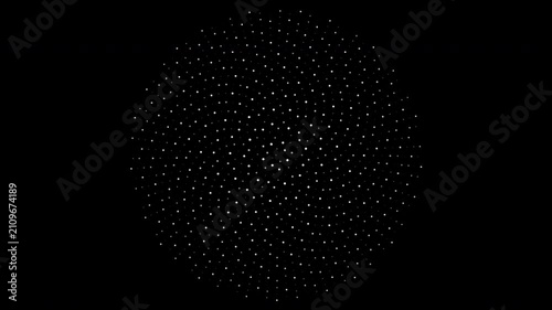 Abstract 4K animation of thousands of glowing particles arranged in a mathematical phyllotaxis spiral using the golden-angle sunflower-seed packing principle. The spiral slowly rotates and subtly