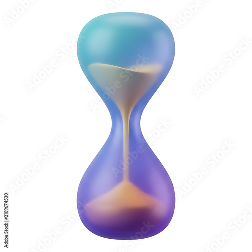 Frameless glass hourglass with turquoise and purple gradient and golden sand flowing through narrow waist, smooth timer icon for time management concept