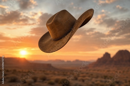 A cowboy hat spinning mid-air against a vast desert sky at sunset.