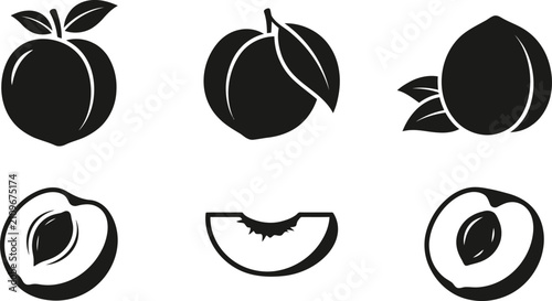Foto Fresh peach fruit icons set showing whole peaches slices and halves in simple si